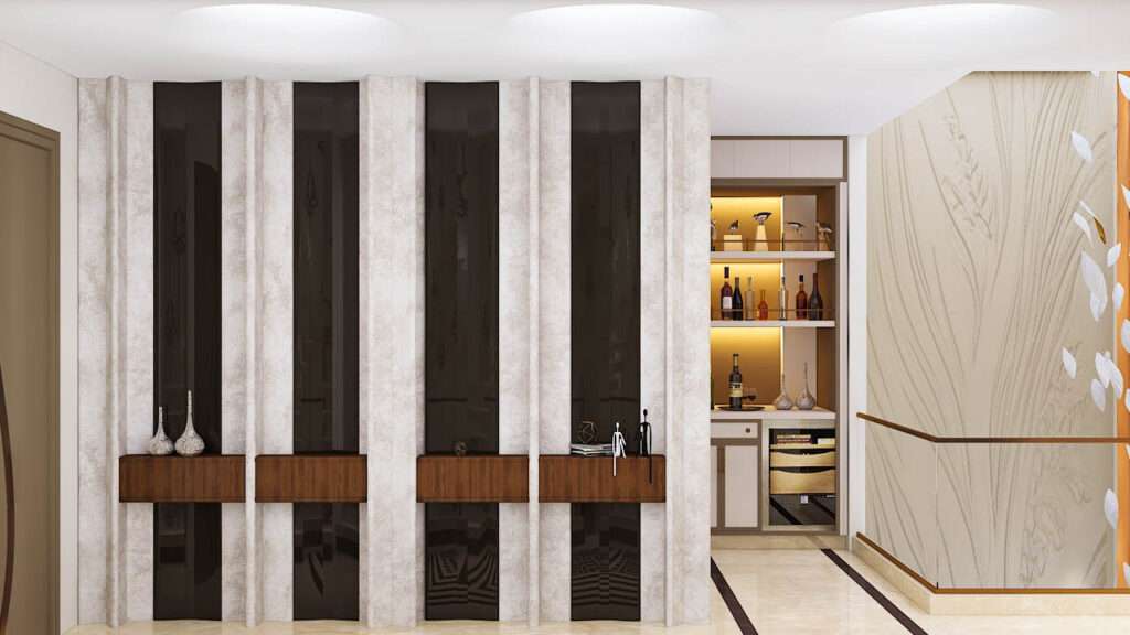 Modern entrance lobby interior with vertical panel detailing, decorative console shelves and warm lighting by interior designer near me offering home interior design near me and interior design companies near me services for luxury residences.