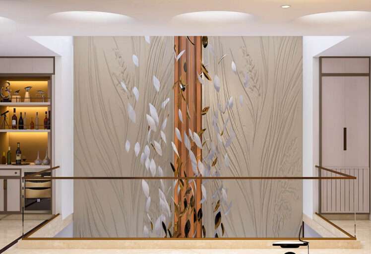 Designer double height lobby with artistic feature wall and pantry bar unit, created by best interior designers near me specializing in residential interior designers near me and commercial interior designers near me projects.