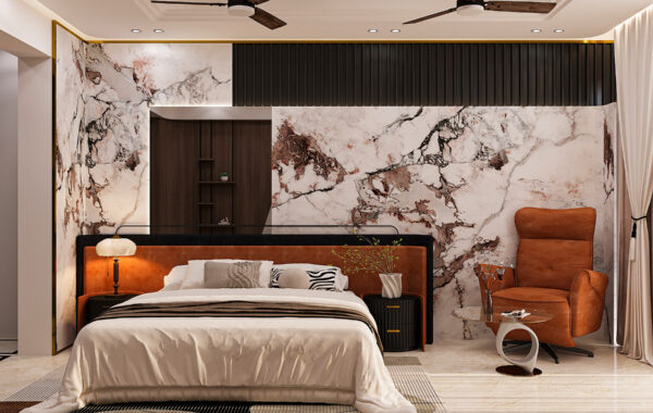 Luxury master bedroom interior with marble feature wall, upholstered bed, designer false ceiling and accent lounge chair, crafted by best interior designers near me offering bedroom interior designer near me, home interior designer near me and luxury interior design near me services for modern homes.