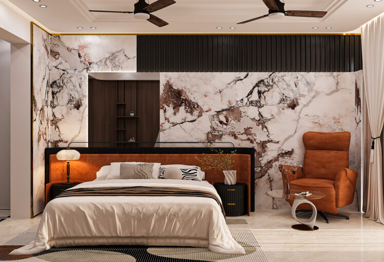 Luxury master bedroom interior with marble feature wall, upholstered bed, designer false ceiling and accent lounge chair, crafted by best interior designers near me offering bedroom interior designer near me, home interior designer near me and luxury interior design near me services for modern homes.