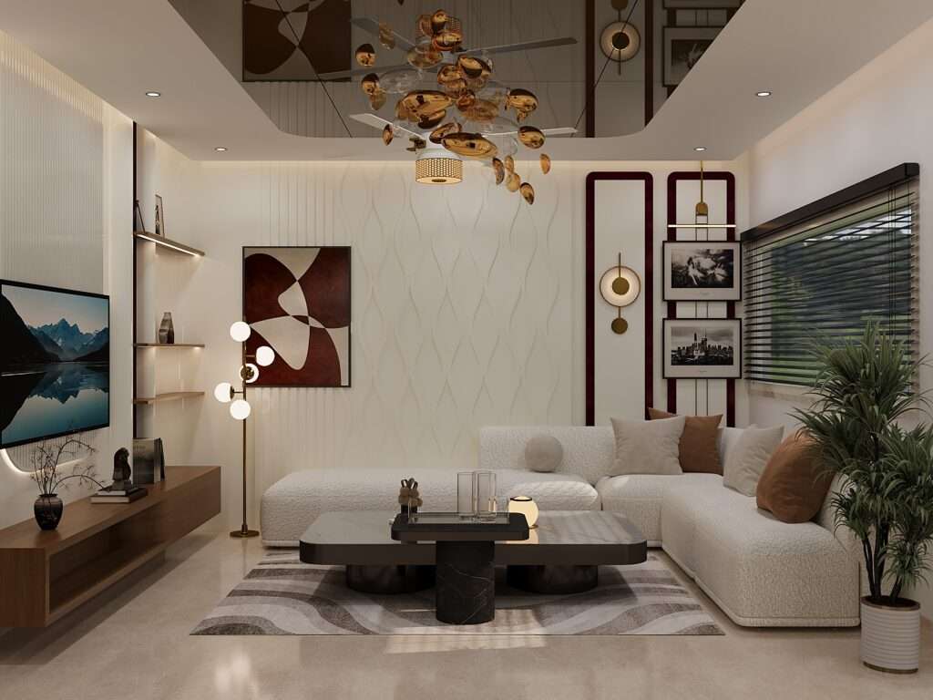 Modern luxury living room interior with designer chandelier, textured feature wall, contemporary sofa and stylish lighting designed by Amartya Architects, one of the trusted interior firms near me specializing in premium home interior design.