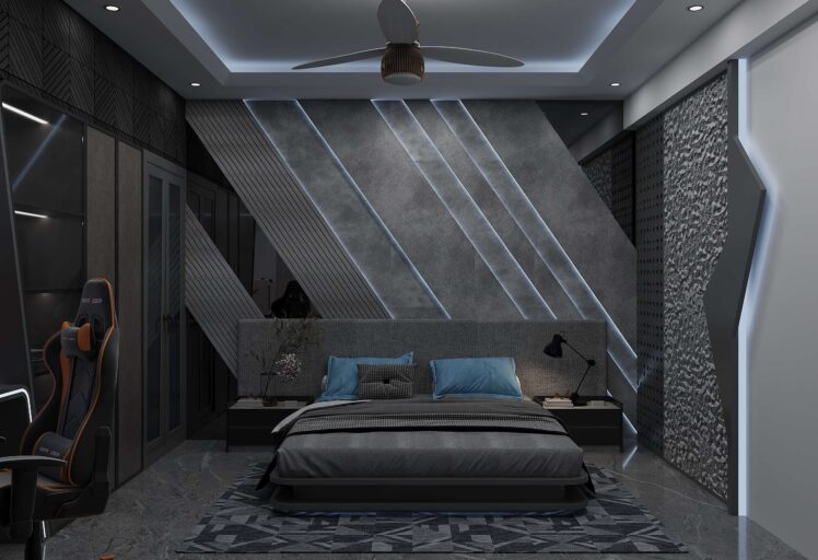 Modern luxury bedroom interior with geometric feature wall, ambient LED lighting, custom wardrobe and contemporary furniture designed by Amartya Architects, recognized among the best interior designers for modern home interior design.