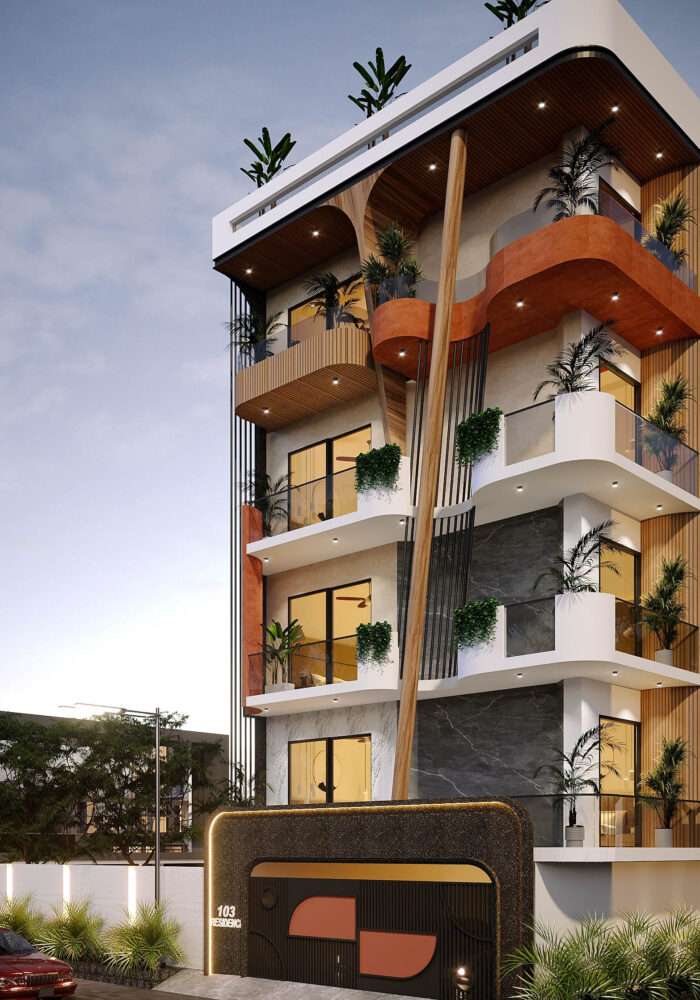 Luxury multi-storey residence with curved balconies, wooden façade elements, modern lighting and landscaped terraces designed by Amartya Architects, recognized among the best residential architects for contemporary home architecture and premium residential design in Delhi.