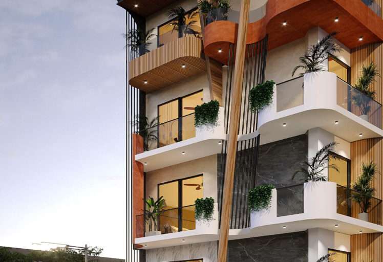 Luxury multi-storey residence with curved balconies, wooden façade elements, modern lighting and landscaped terraces designed by Amartya Architects, recognized among the best residential architects for contemporary home architecture and premium residential design in Delhi.