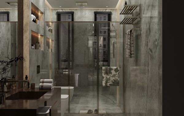 Modern luxury bathroom interior with marble wall tiles, glass shower enclosure, floating vanity and recessed lighting designed by bathroom interior designer near me offering home interior design near me, interior design consultants near me and luxury interior designers near me services for residential interiors.