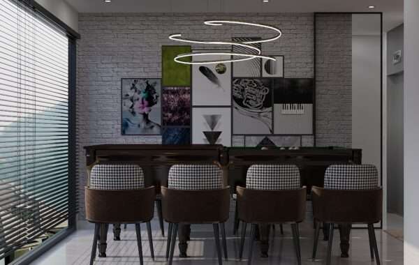 Modern office recreation and game room with pool table, designer wall art, pendant lighting and lounge seating designed by Amartya architecta best firm in rohini , delhi