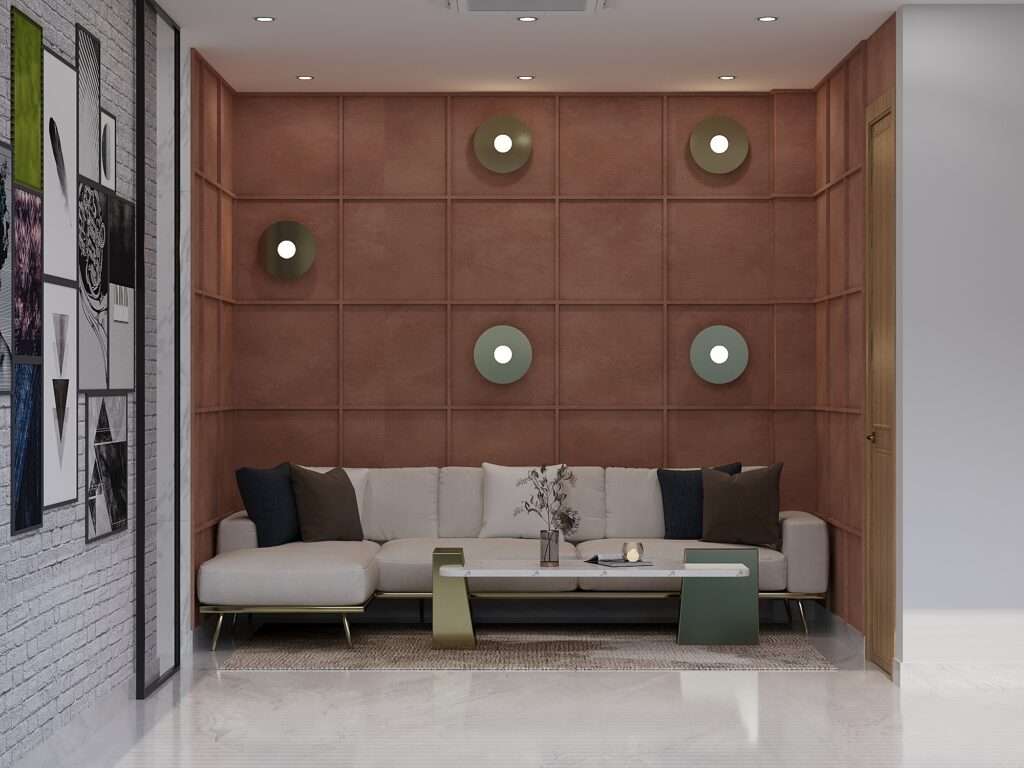 Elegant office interior decorator design featuring a contemporary waiting lounge with upholstered sofa, textured wall paneling, designer wall lights, and minimal coffee table creating a premium office interior decorator space.