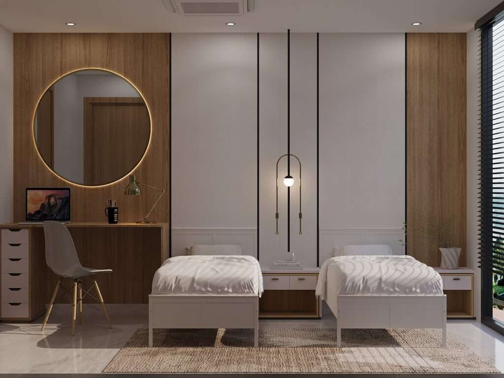Affordable interior office designer concept featuring a modern multifunctional workspace with study desk, twin beds, wooden panel walls, ambient lighting, and minimalist decor creating a stylish and budget-friendly interior office design.