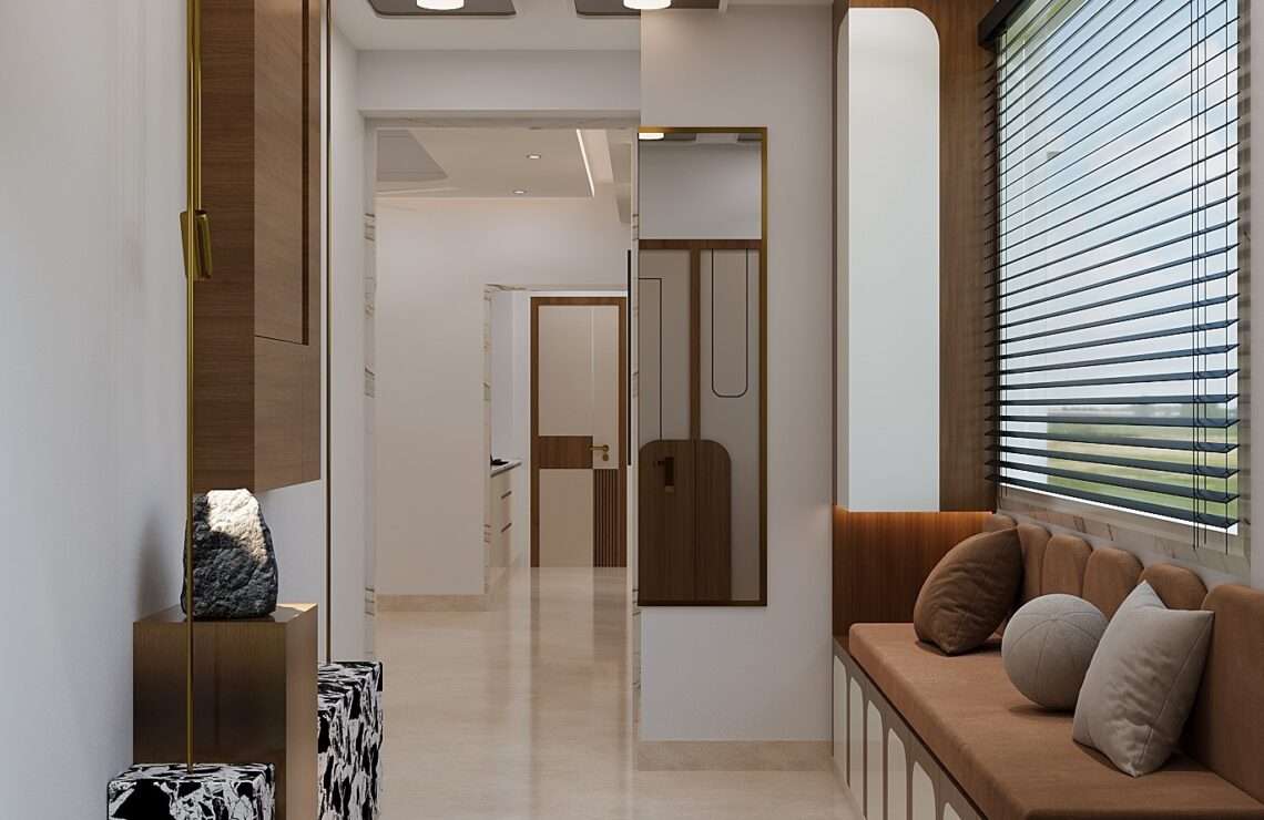 ### 🖼 Image Name **modern-hallway-home-interior-designer-near-me-amartya-architects.jpg** ### ✅ ALT Text Modern hallway interior with designer false ceiling, wooden wall panels, built-in seating and ambient lighting designed by **Amartya Architects**, a trusted **home interior designer near me** specializing in contemporary residential interiors.