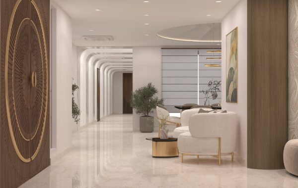 Luxury entrance lobby and corridor interior with marble flooring, designer wall panel, modern seating and ambient ceiling lighting by interior designer near me offering home interior design near me, interior design firms near me and luxury interior designers near me services for residential projects.