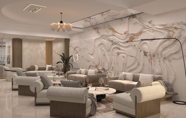 Luxury living room interior with marble feature wall, modern sectional sofa seating, designer pendant lighting and contemporary décor styled by best interior designers near me offering home interior design near me, living room designers near me and luxury interior design near me services for premium residences.