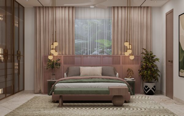Modern master bedroom interior with upholstered headboard, pendant bedside lighting, floor-to-ceiling curtains and designer furniture styled by interior designer near me offering bedroom interior designer near me, home interior design near me and residential interior designers near me services for luxury homes.