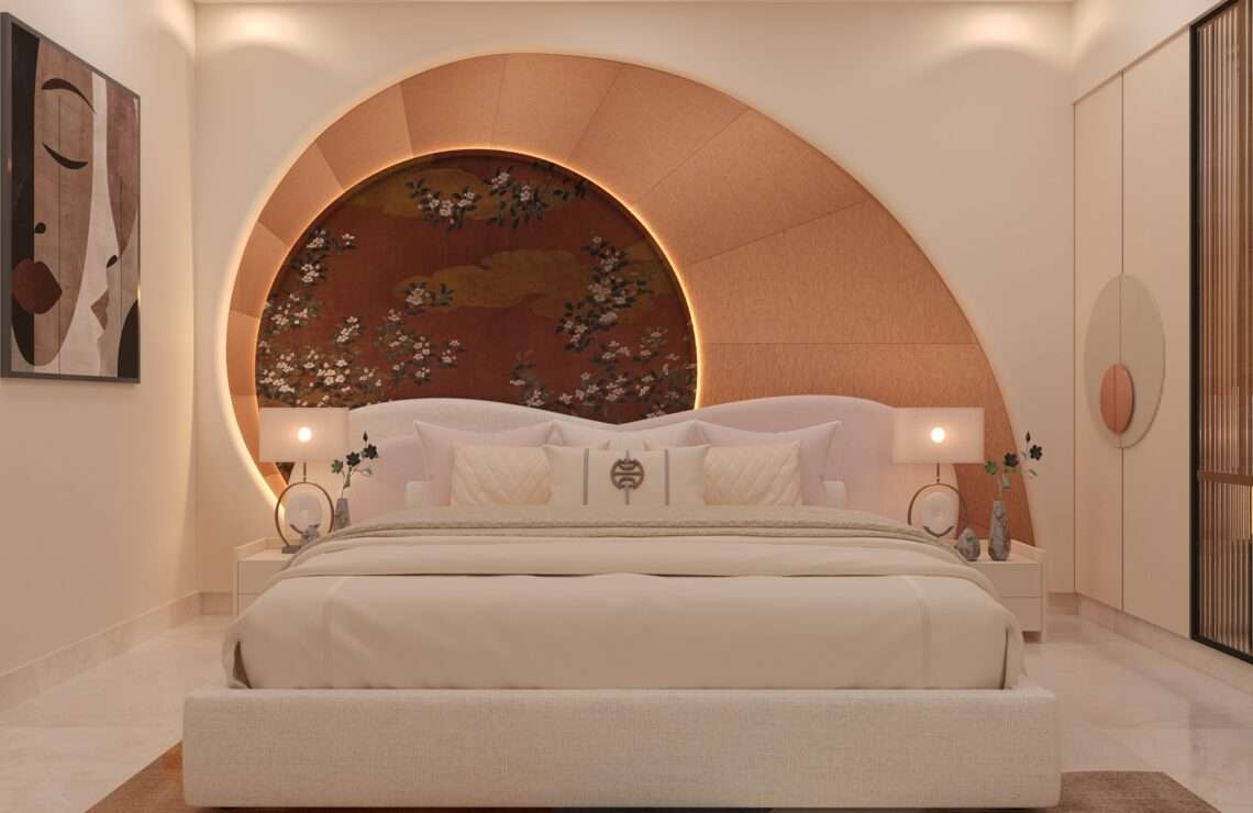 Luxury bedroom with circular designer headboard wall, ambient cove lighting, modern furniture and elegant finishes designed by Amartya Architects, one of the leading home interior design companies specializing in contemporary residential interiors.