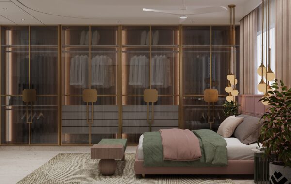 Luxury master bedroom interior with designer wardrobe glass shutters, upholstered bed, pendant bedside lighting and modern false ceiling by interior designer near me offering bedroom interior designer near me, home interior designer near me and luxury interior designers near me services for residential homes.