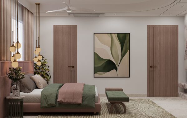 Contemporary master bedroom interior with minimalist wall art, upholstered bed, pendant bedside lights and modern false ceiling design by interior designer near me offering bedroom interior designer near me, home interior design near me and residential interior designers near me services for luxury homes.