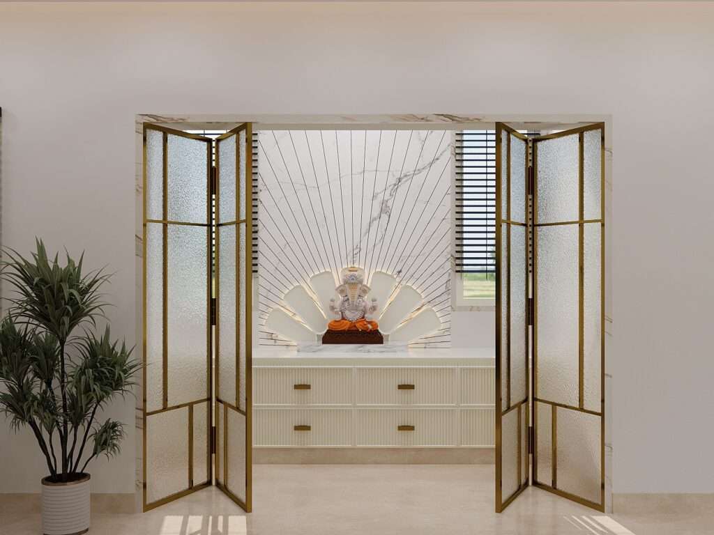 Modern home temple design with marble backdrop, decorative folding doors and Ganesh idol, designed by Amartya Architects, experienced residential interior designers in Delhi specializing in luxury home interiors.