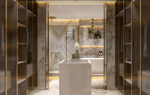 Luxury master bathroom dressing area with glass wardrobe shutters, marble wall cladding, island vanity counter and warm recessed lighting designed by interior designer near me offering bathroom interior designer near me, home interior design near me and luxury interior designers near me services for premium residences.