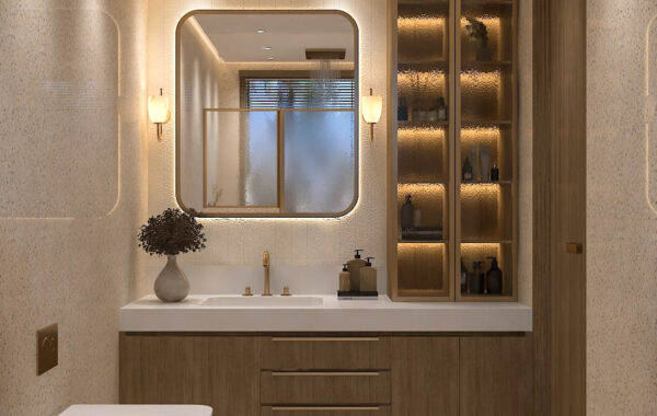 Modern bathroom interior with floating wooden vanity, backlit mirror, wall-mounted toilet and recessed display shelves designed by bathroom interior designer near me offering home interior design near me, affordable interior designers near me and residential interior designers near me services.