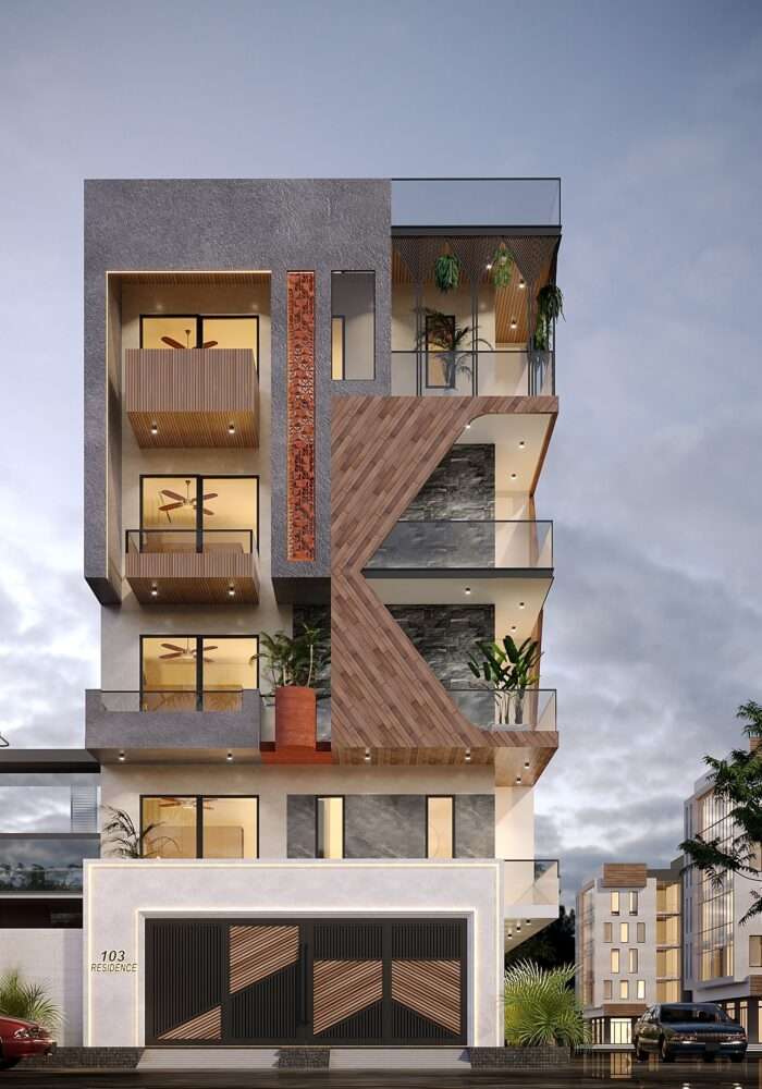 Contemporary multi-storey residence with geometric façade, wooden cladding, glass balconies and terrace garden designed by Amartya Architects, experienced modern home architects specializing in innovative residential architecture and luxury home design in Delhi.