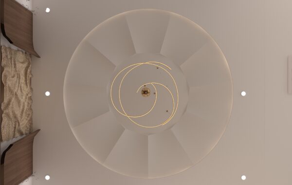 Modern dining ceiling design with circular false ceiling detail, recessed spotlights and decorative chandelier lighting created by interior designer near me offering interior design near me, home interior design near me and luxury interior designers near me services for contemporary homes.