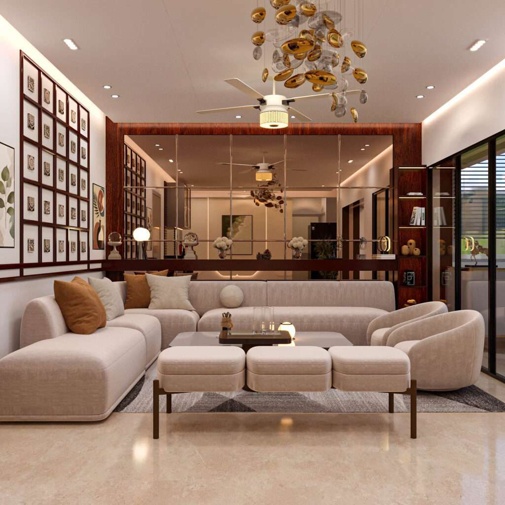Modern luxury living room with sectional sofa, designer chandelier, wooden wall panels and glass partition showcasing elegant interior design for house by Amartya Architects.