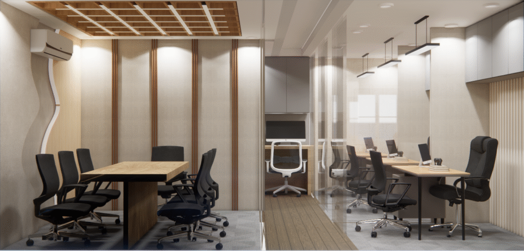 Contemporary corporate office interior with glass partition cabins, conference table, ergonomic chairs and modern ceiling grid designed by office interior designers near me, specializing in commercial interior design near me and office interior decorators near me for premium workspace solutions.