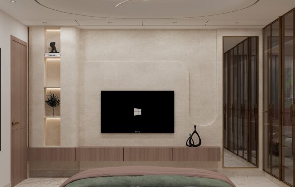 Modern bedroom interior with wall-mounted TV unit, floating wooden console, niche display shelves and glass wardrobe designed by interior designer near me for home, offering bedroom interior designer near me, home interior design near me and luxury interior designers near me services.