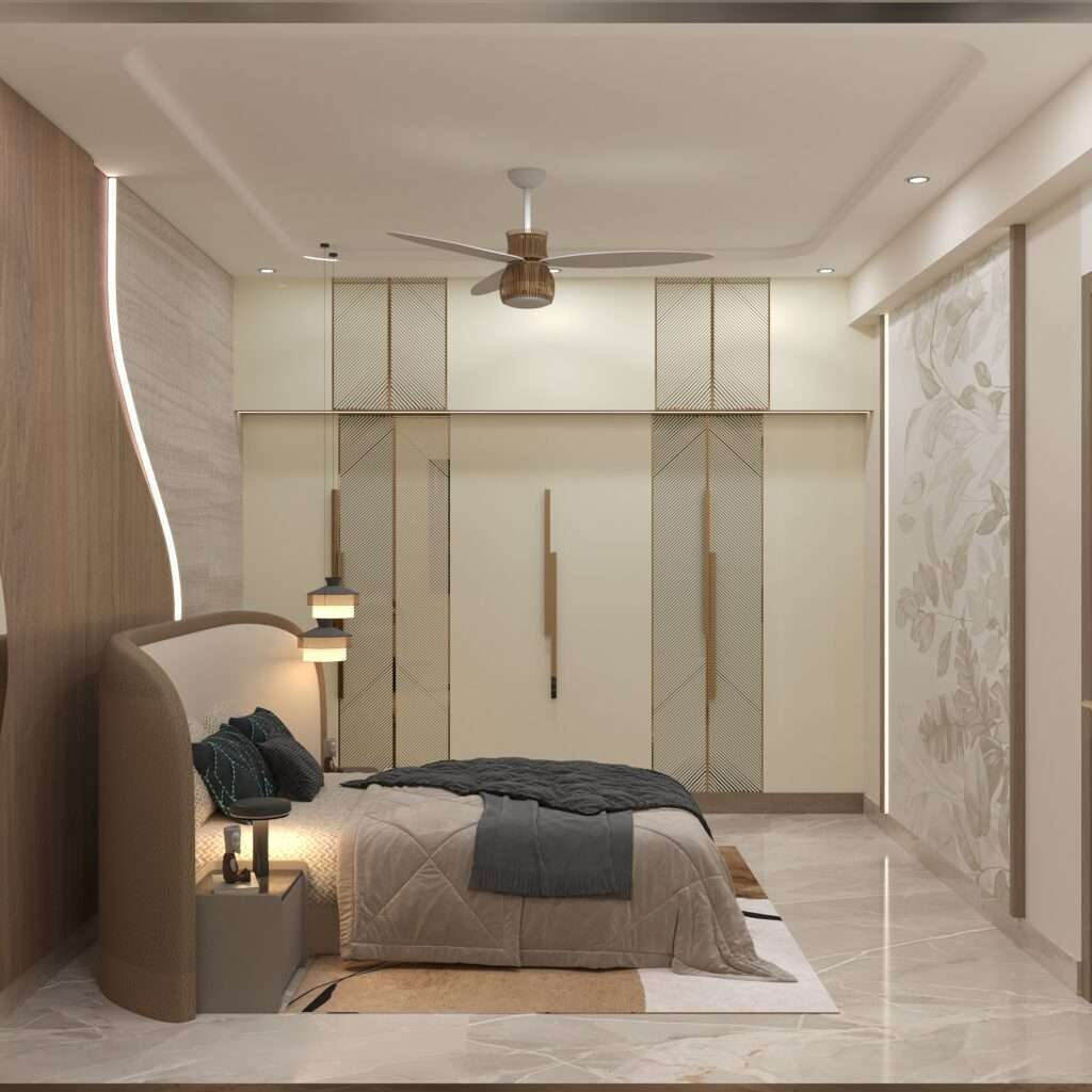 Modern luxury bedroom with curved upholstered headboard, designer wardrobe panels, soft lighting and marble flooring showcasing elegant residential interior design by Amartya Architects.