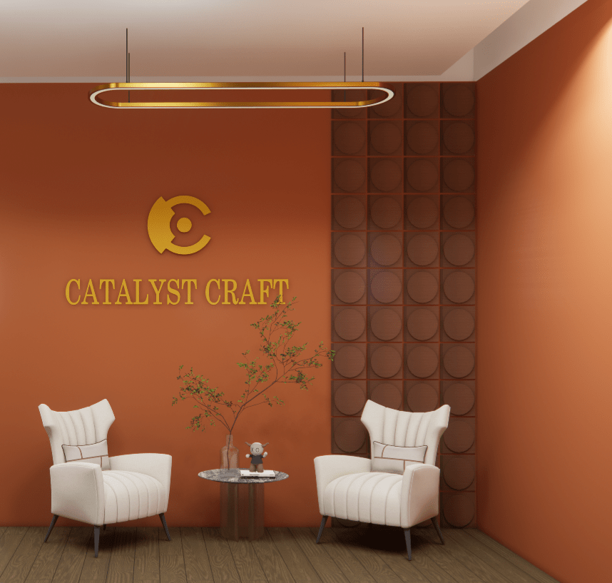 Modern office waiting area interior with branded feature wall, designer pendant lighting and lounge seating created by office interior designers near me, specializing in commercial interior design near me and professional interior decorator near me services for corporate reception spaces.